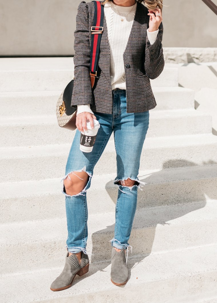 Fall style, plaid blazer, sweater, mom jeans, and booties
