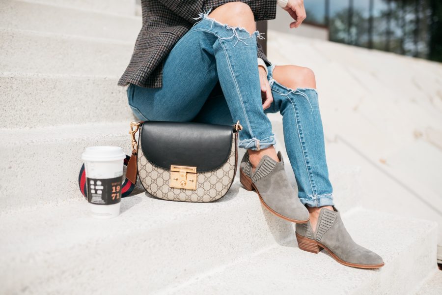 Fall style, plaid blazer, sweater, mom jeans, and booties