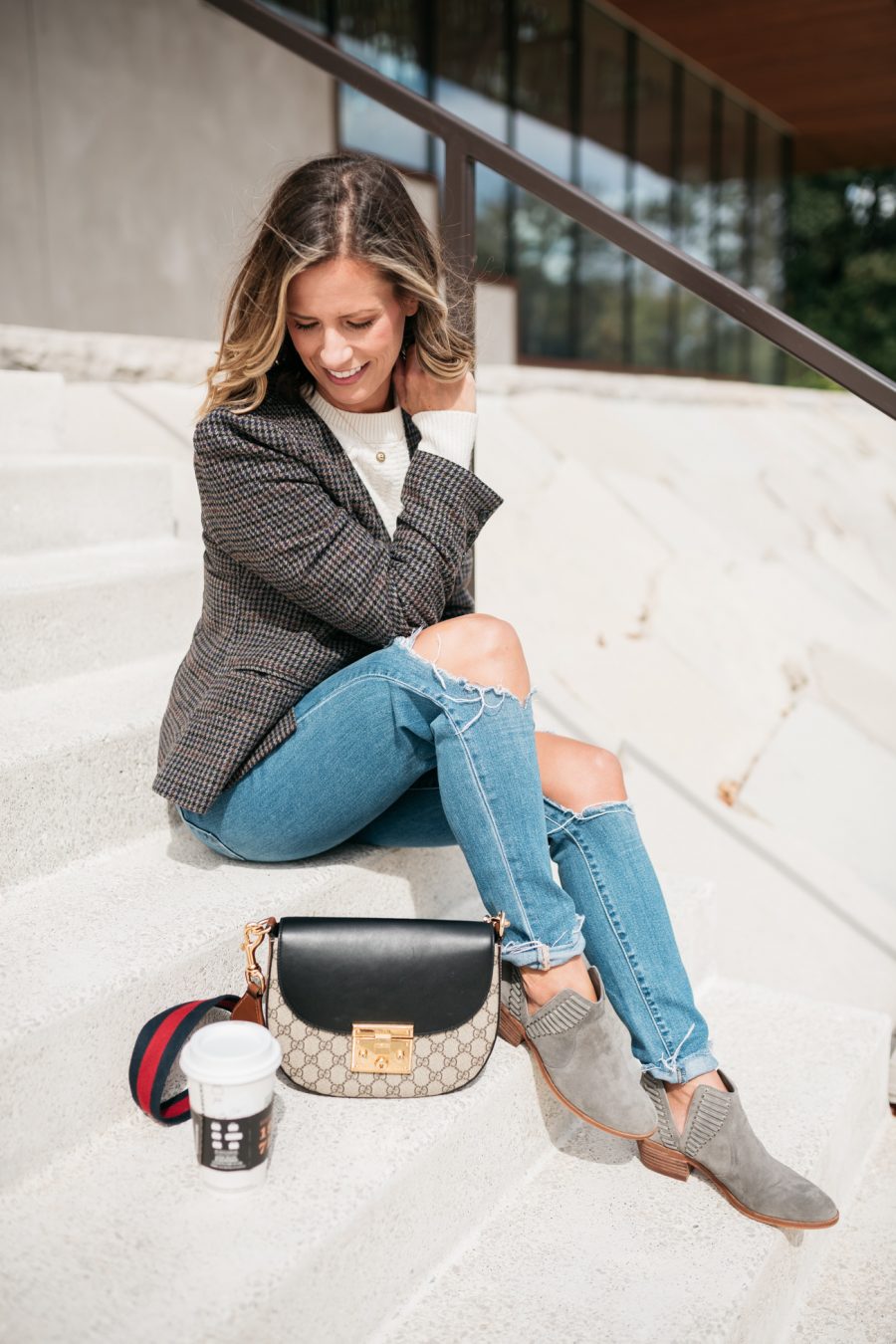 Fall style, plaid blazer, sweater, mom jeans, and booties