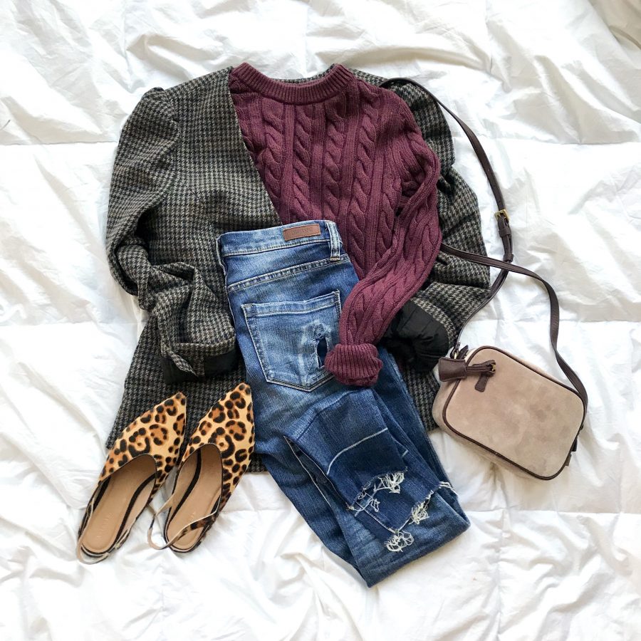 Blazer, sweater, denim, and leopard slingbacks
