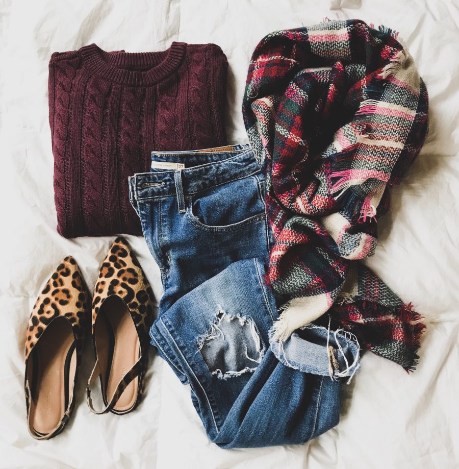 Sweater, denim, scarf, and leopard sling backs