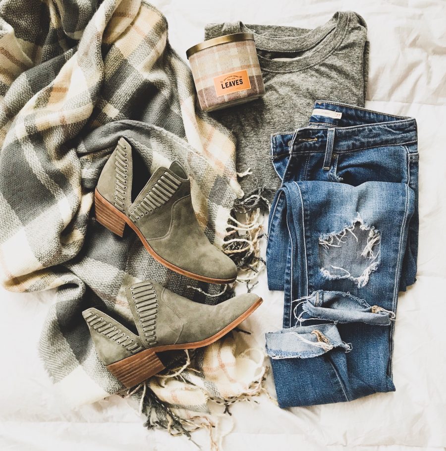 Cape, tee, jeans, and booties