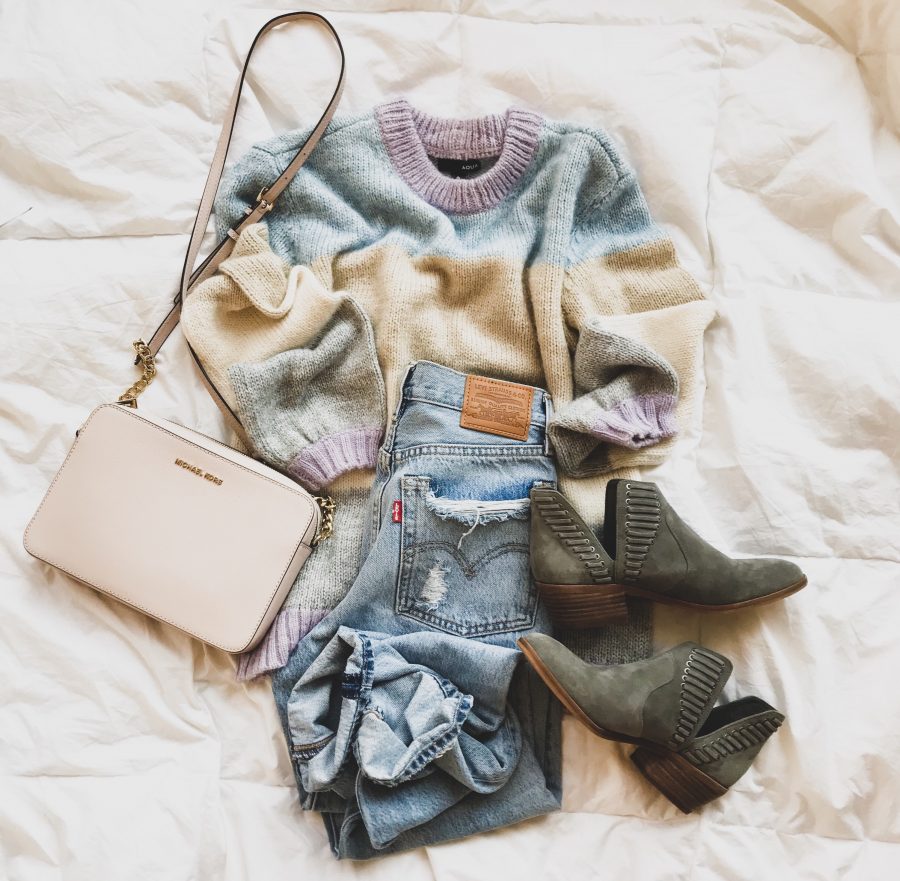 Sweater, jeans, handbag, and booties