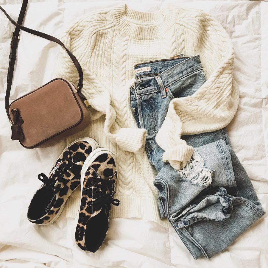 Fisherman sweater, Levi's jeans, sneakers