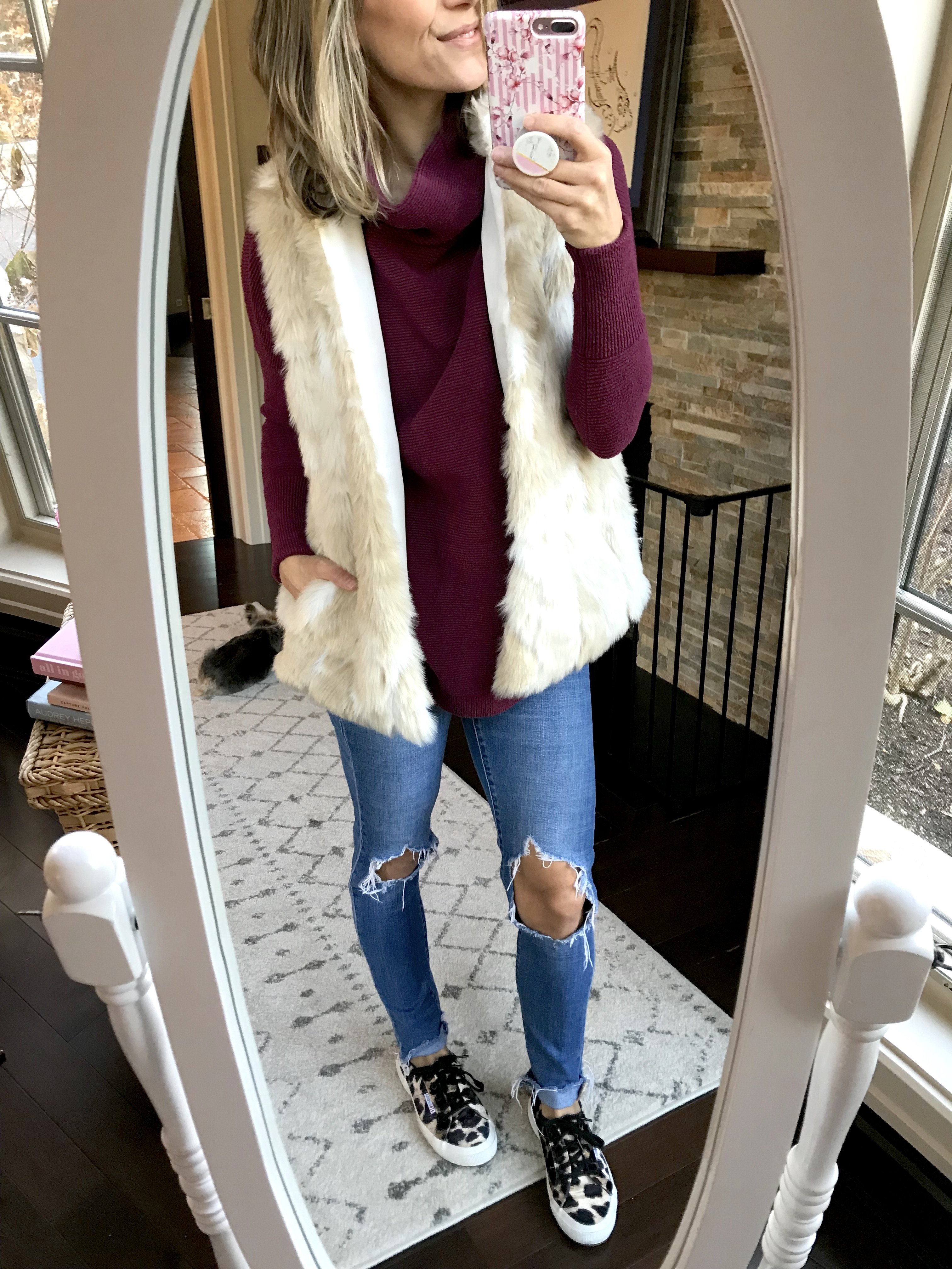 Faux fur vest, Free People tunic, Levi's jeans, leopard sneakers