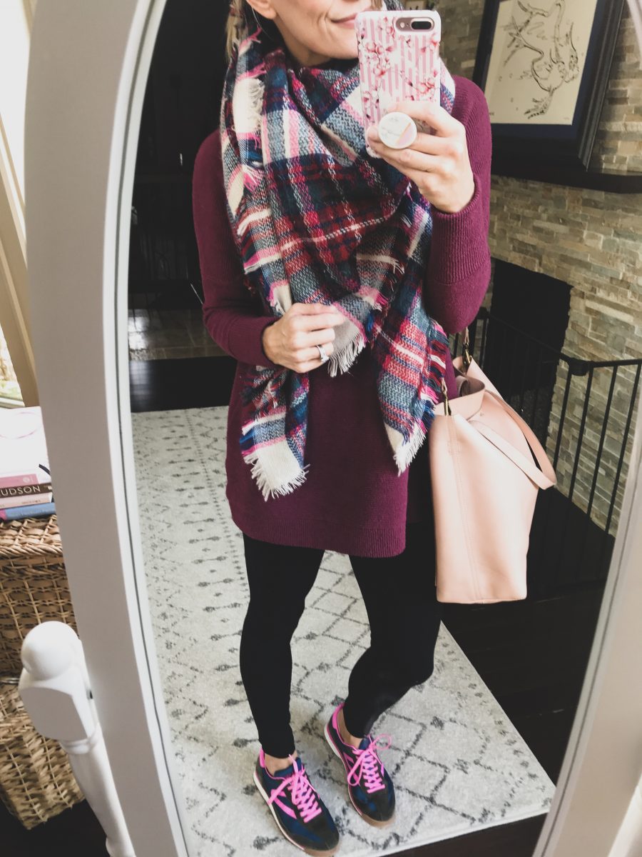 Tunic, leggings, tote, and sneakers