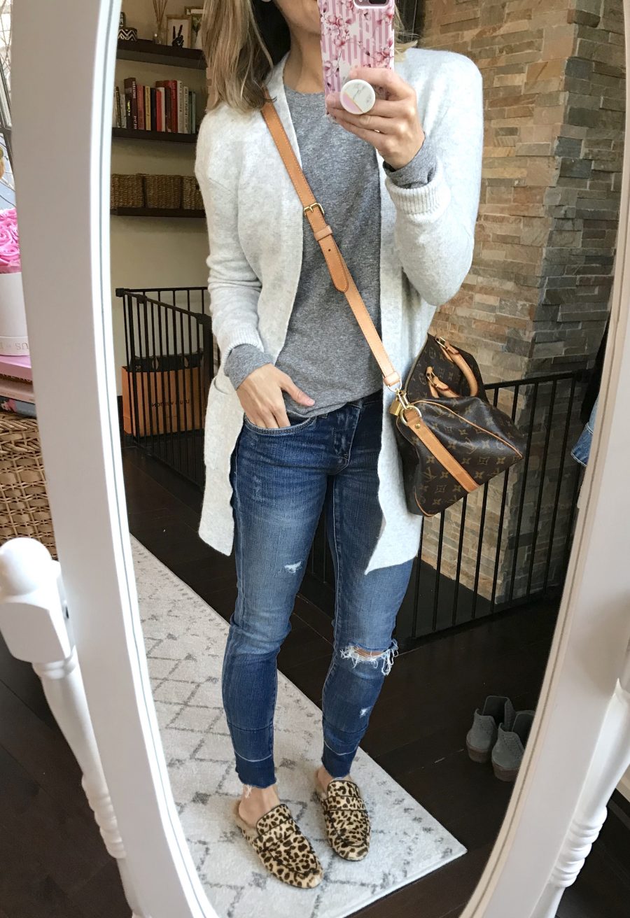 Cardigan, tee, denim, and Louis Vuitton