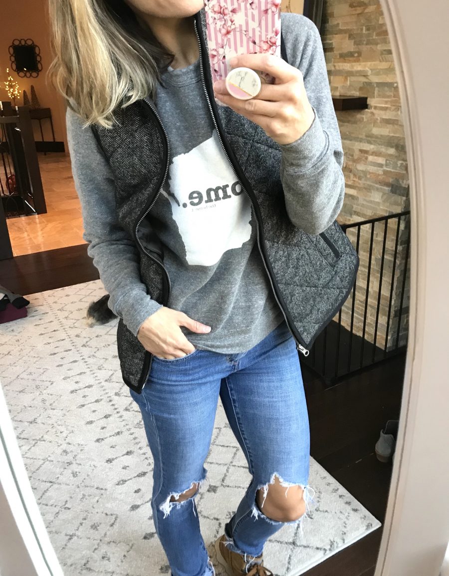 Vest, sweatshirt, jeans, and boots