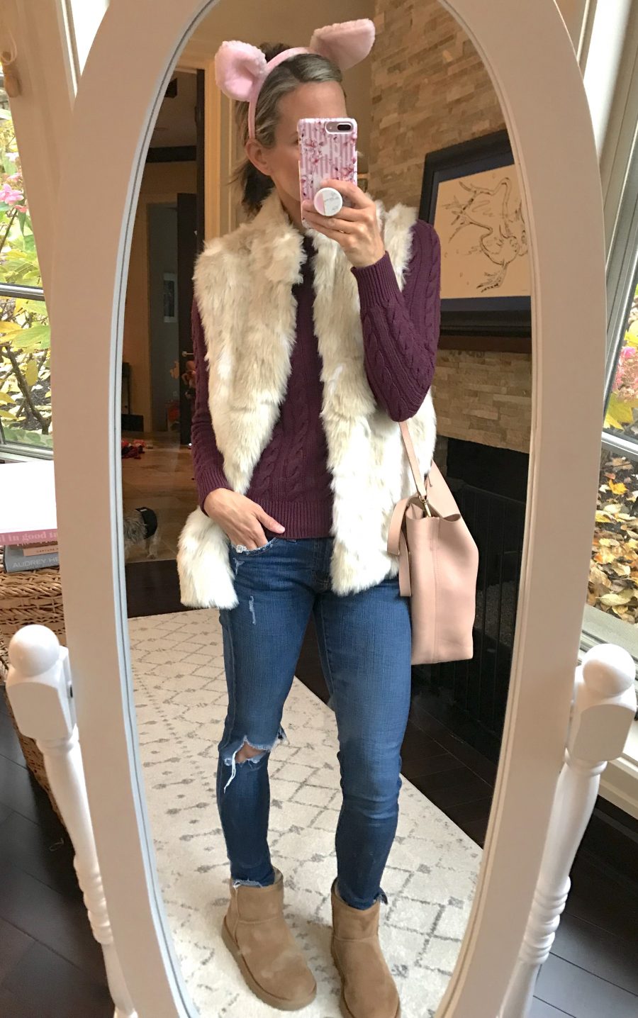 Fur vest, cable knit sweater, Uggs, madewell tote