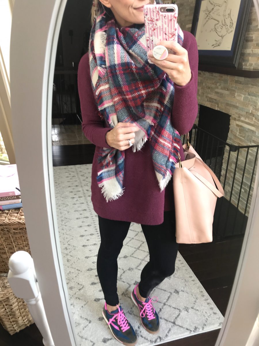 Blanket scarf, tunic, leggings, sneakers, and Madewell tote