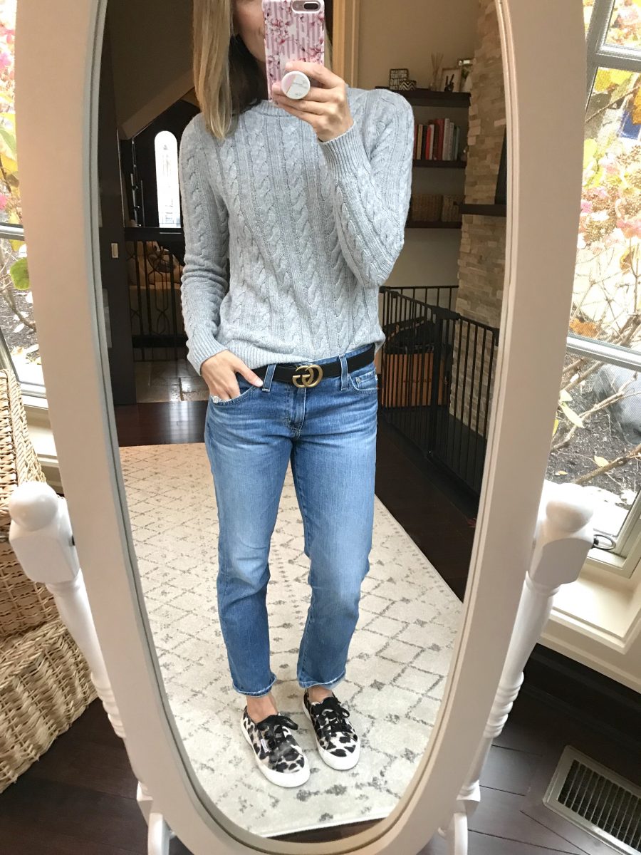 Cable knit sweater, denim, leopard sneakers, Gucci belt