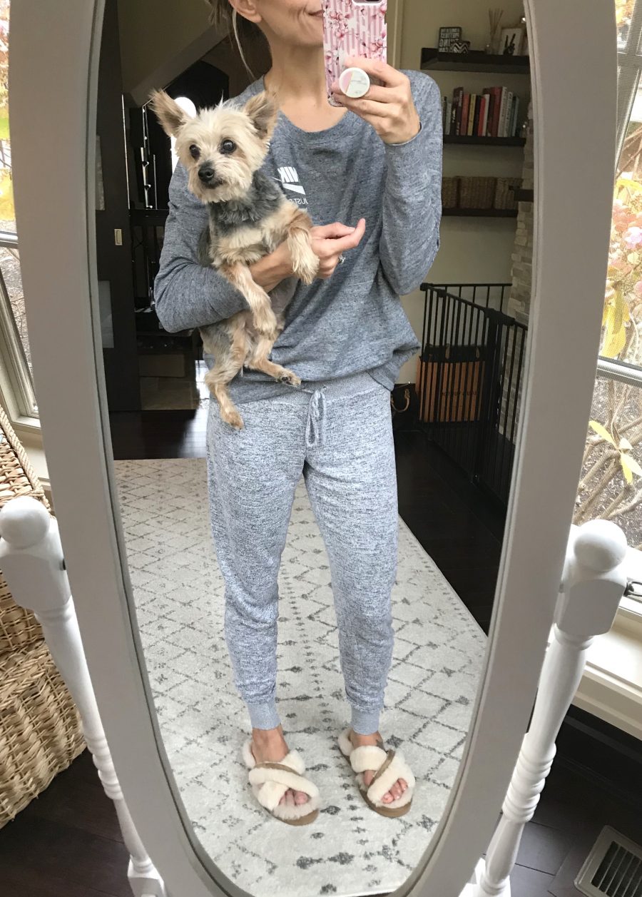 Grey sweatshirt and joggers, Ugg slippers