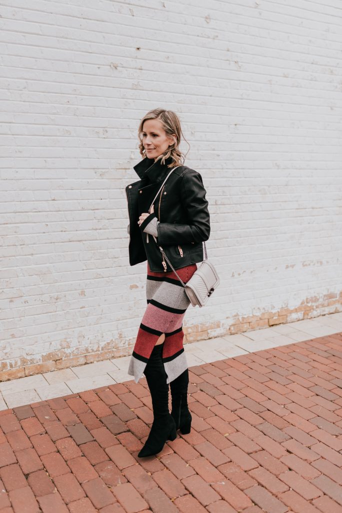 Midi sweater dress, leather jacker jacket