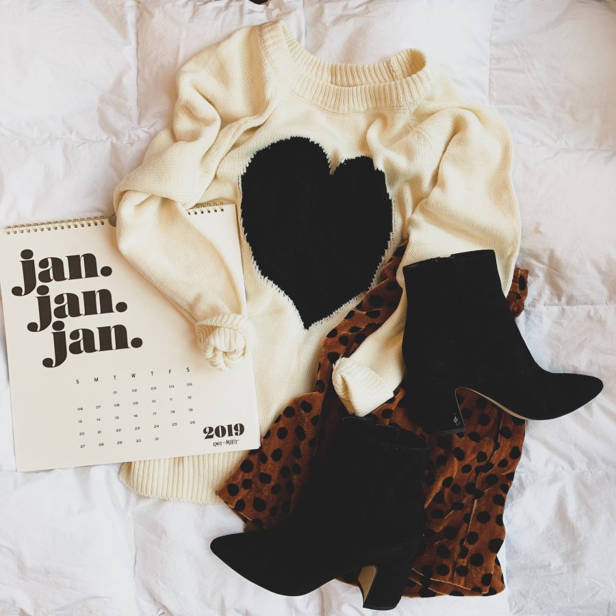 Heart sweater, leopard skirt, and booties