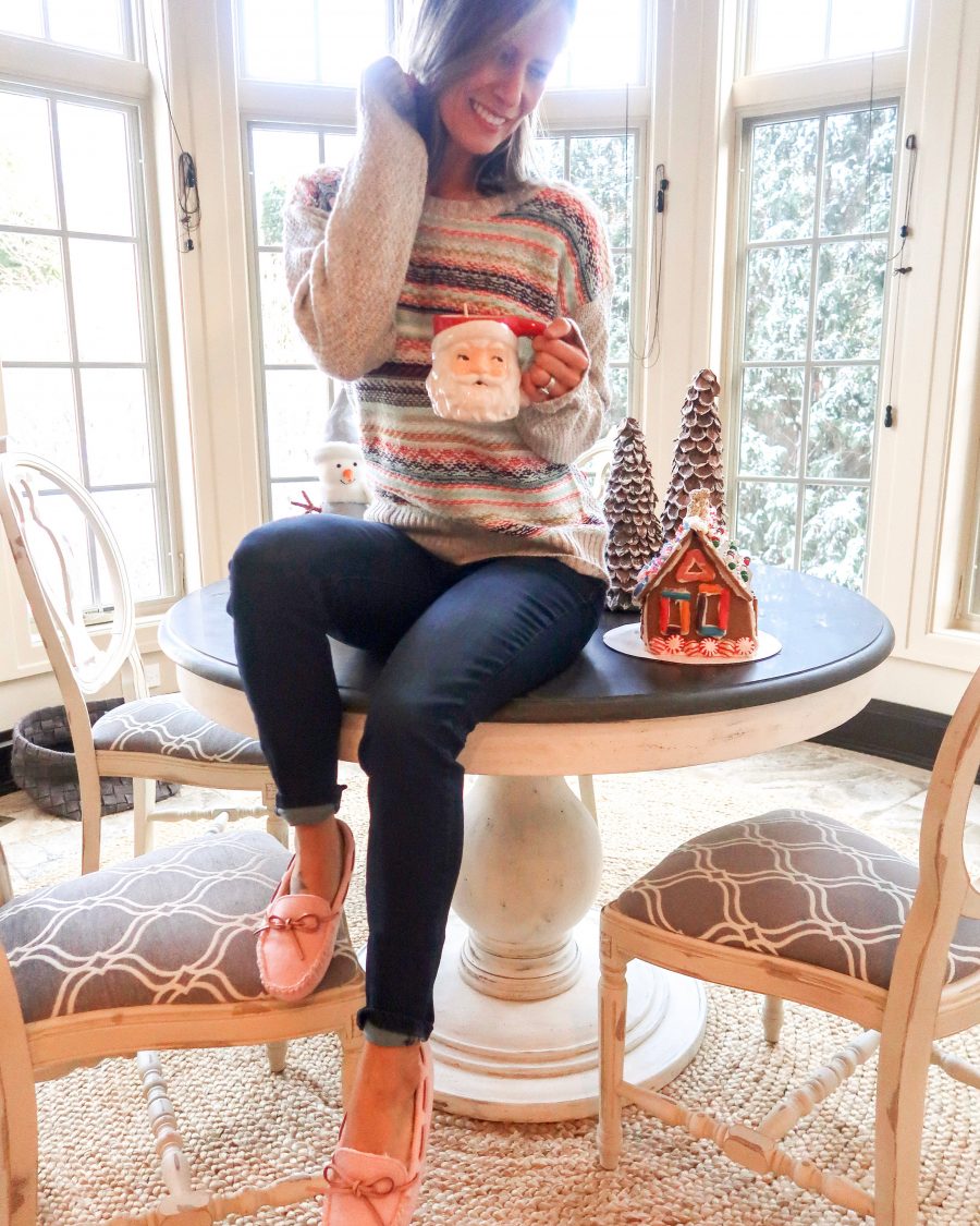 Fair isle sweater, denim, and slippers