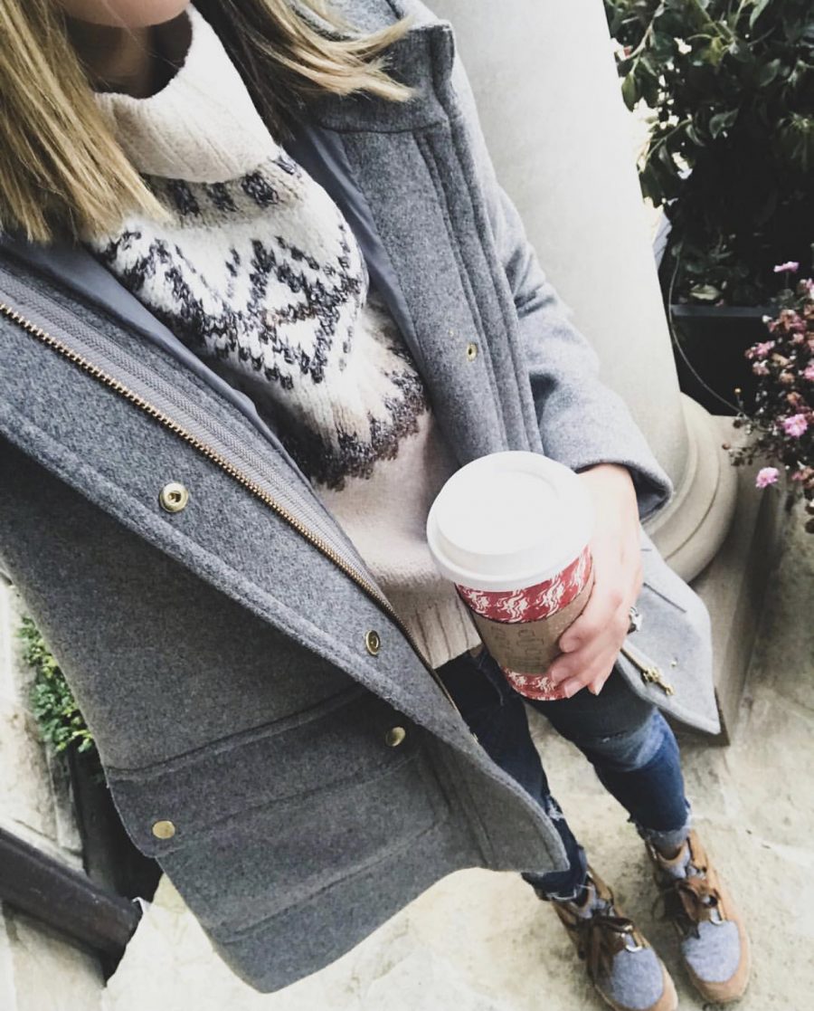 Faux fur hooded parka, fair isle sweater, denim, and Sorel boots