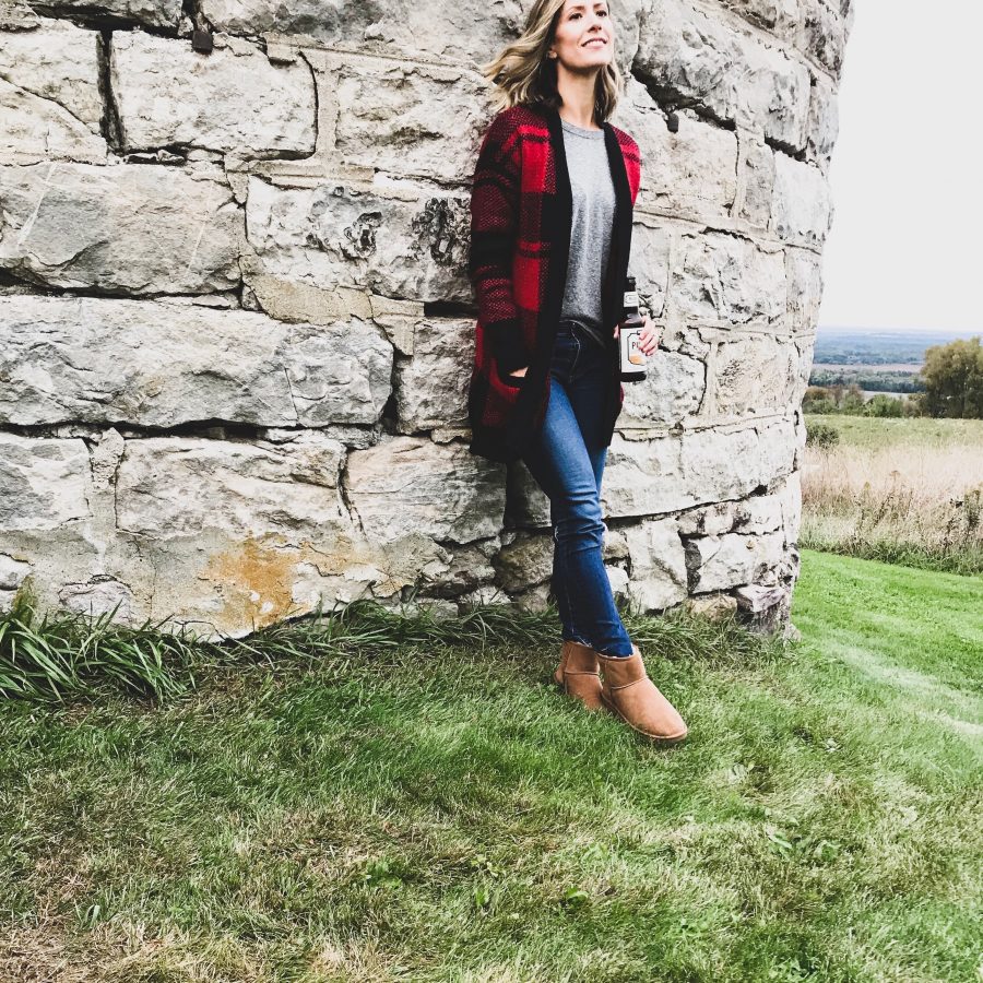 Buffalo plaid cardigan, Madewell tee, AG denim, and uggs
