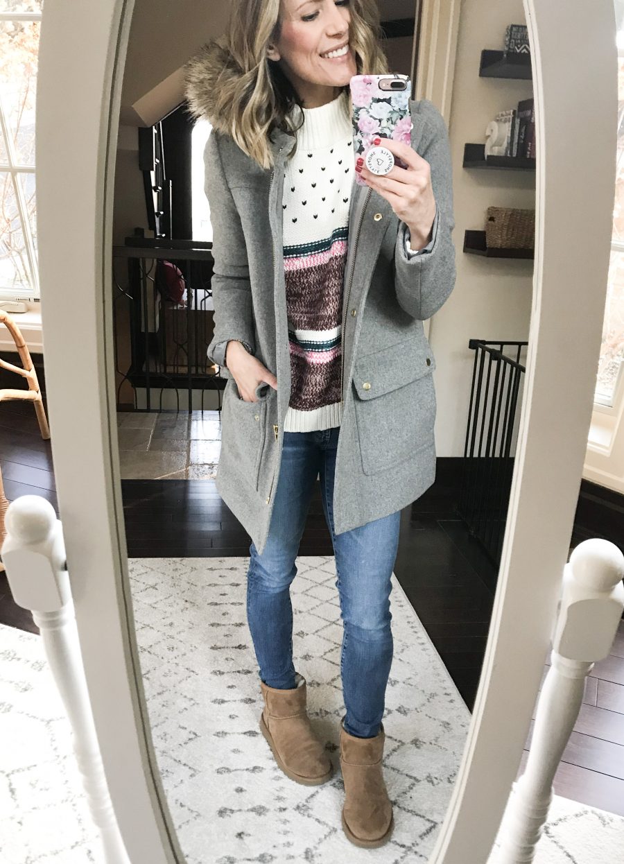 Fair isle sweater, parka, denim, and Uggs