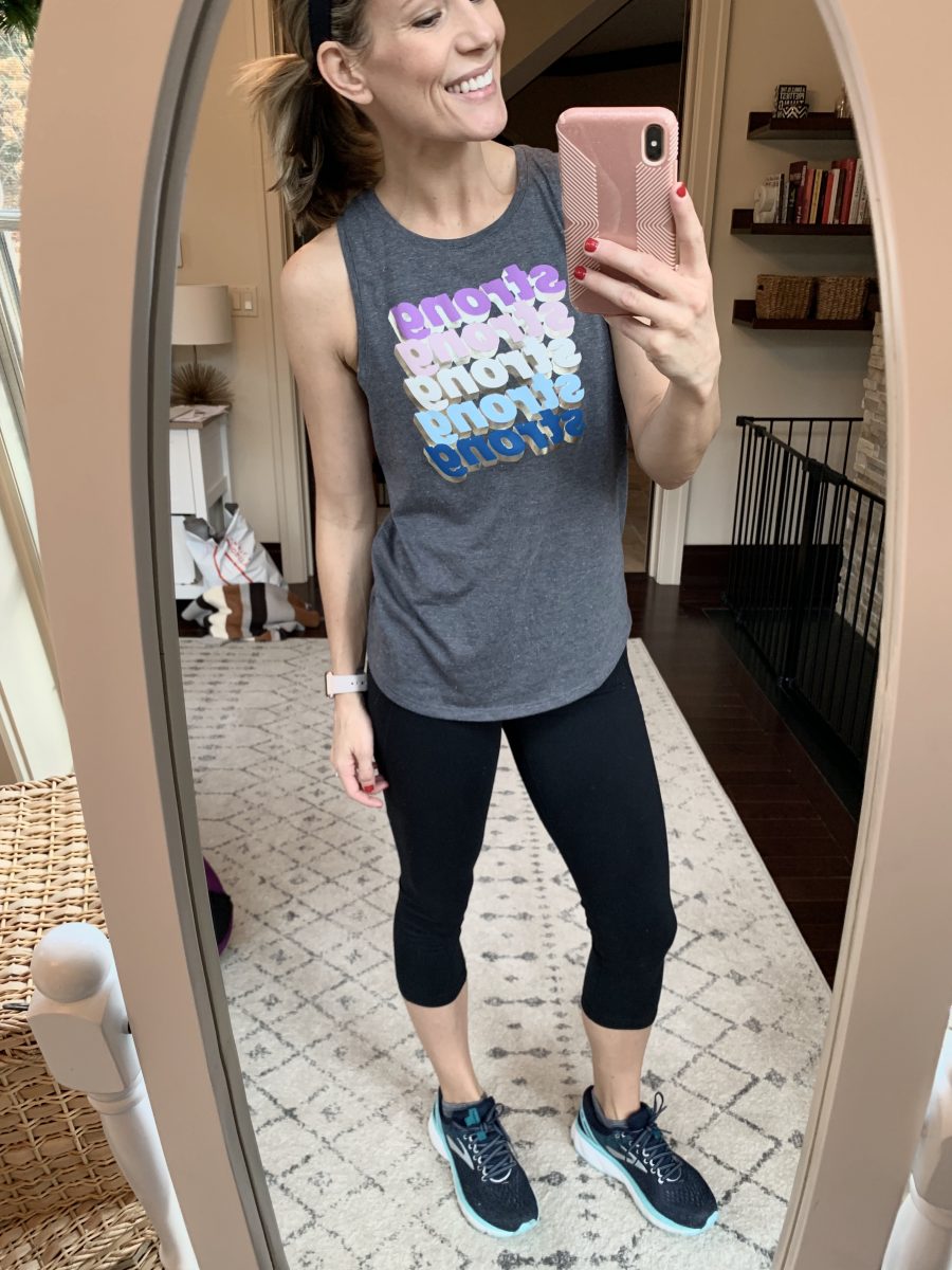 Active tank, leggings, and sneakers