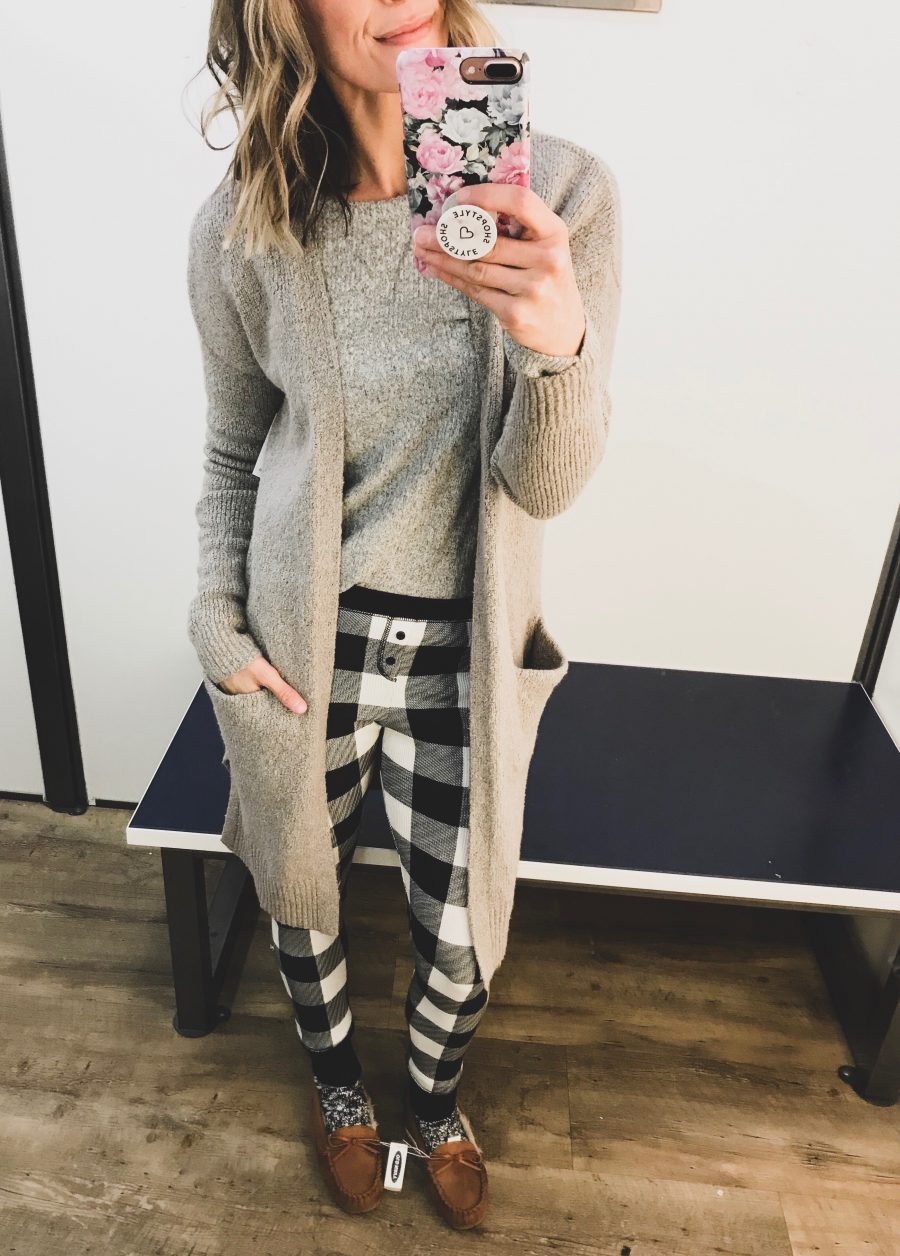 Instagram round up, cardigan, fleece tee, plaid pants, and slippers
