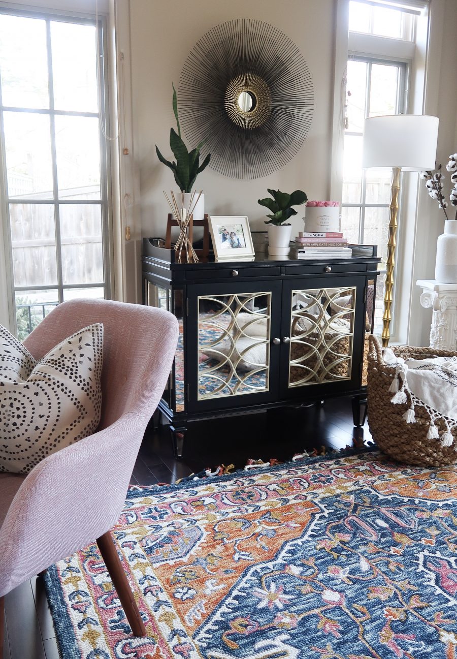 Home office refresh: statement rug, pink chair, storage, decor