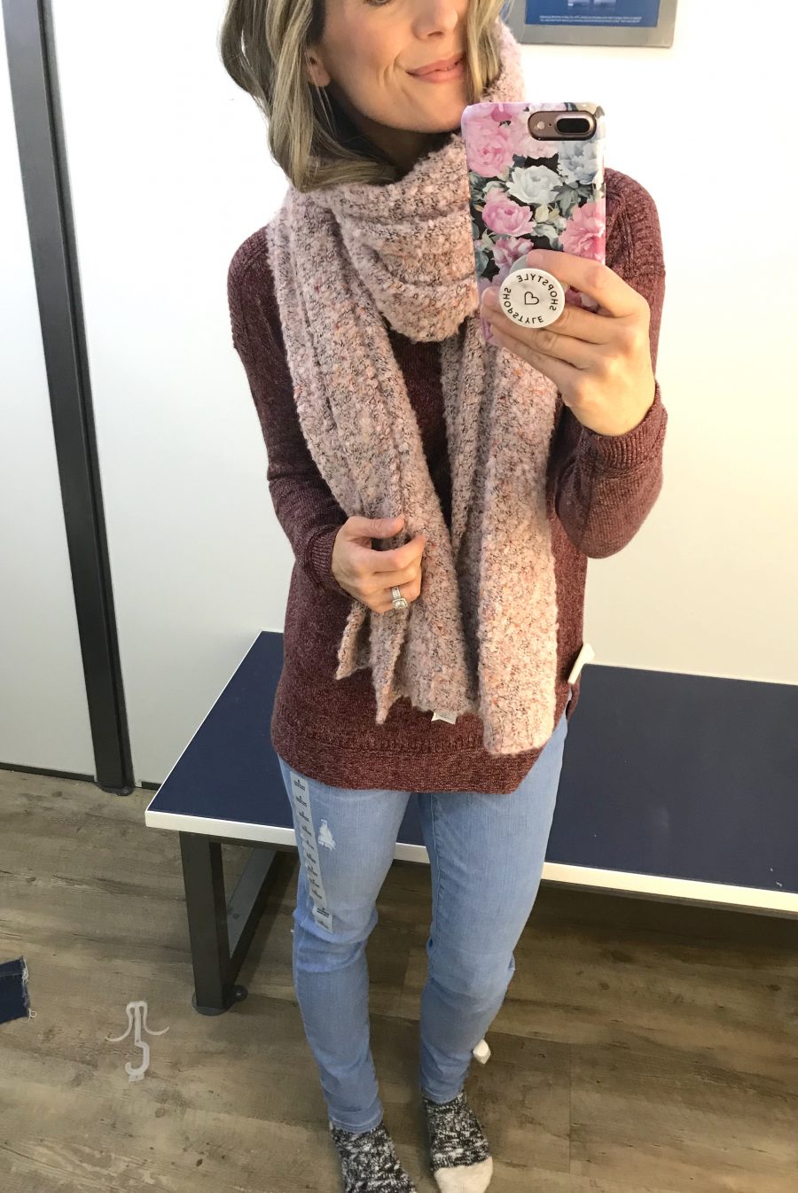 Boatneck tunic sweater, scarf, and denim