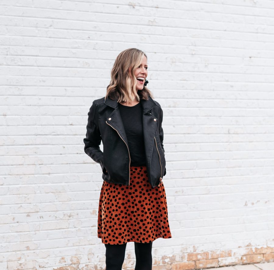 Cozy holiday party outfit: leopard skirt, tights, booties, and moto jacket