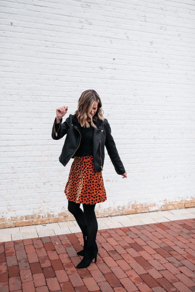 Winter outfit ideas--leather jacket, skirt and tights