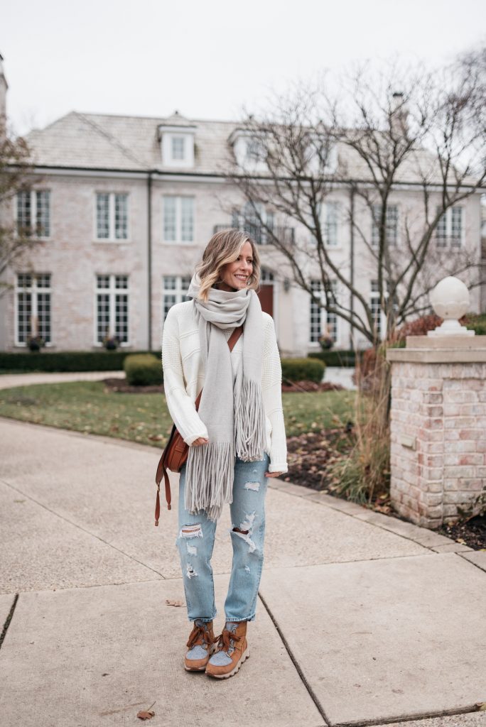 Sweater, scarf, booties and boyfriend jeans
