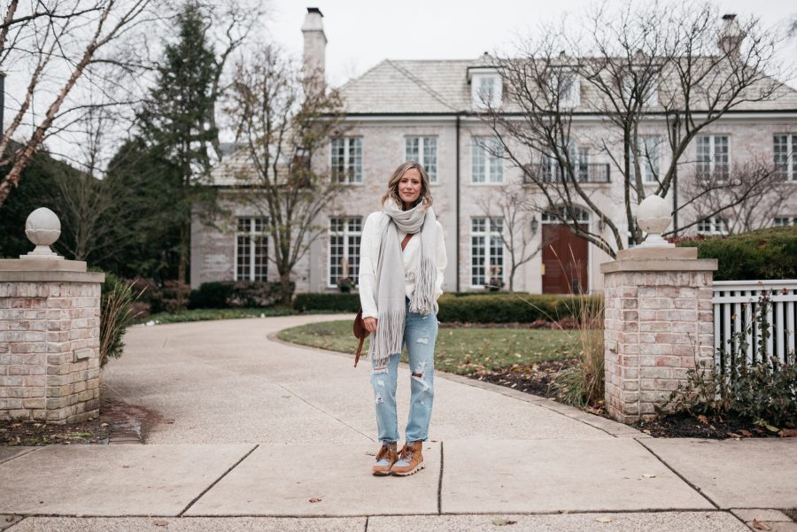 Sweater, cashmere scarf, denim, Sorel winter boots
