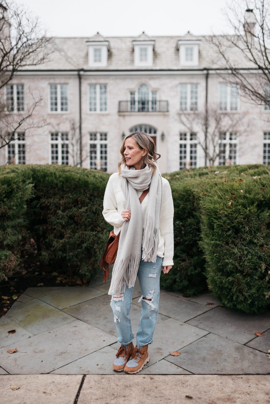 Sweater, cashmere scarf, denim, Sorel winter boots