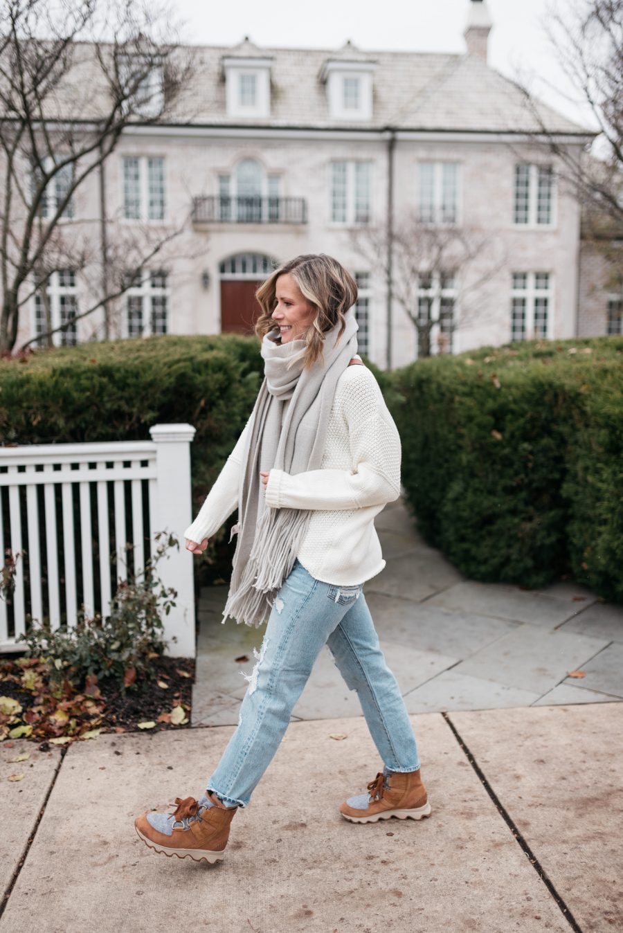 Sweater, cashmere scarf, denim, Sorel winter boots