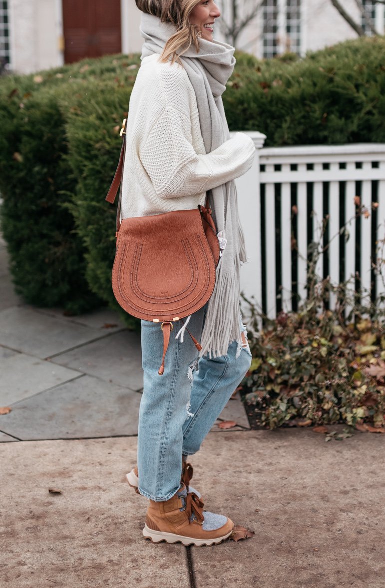 Sweater, cashmere scarf, denim, Sorel winter boots
