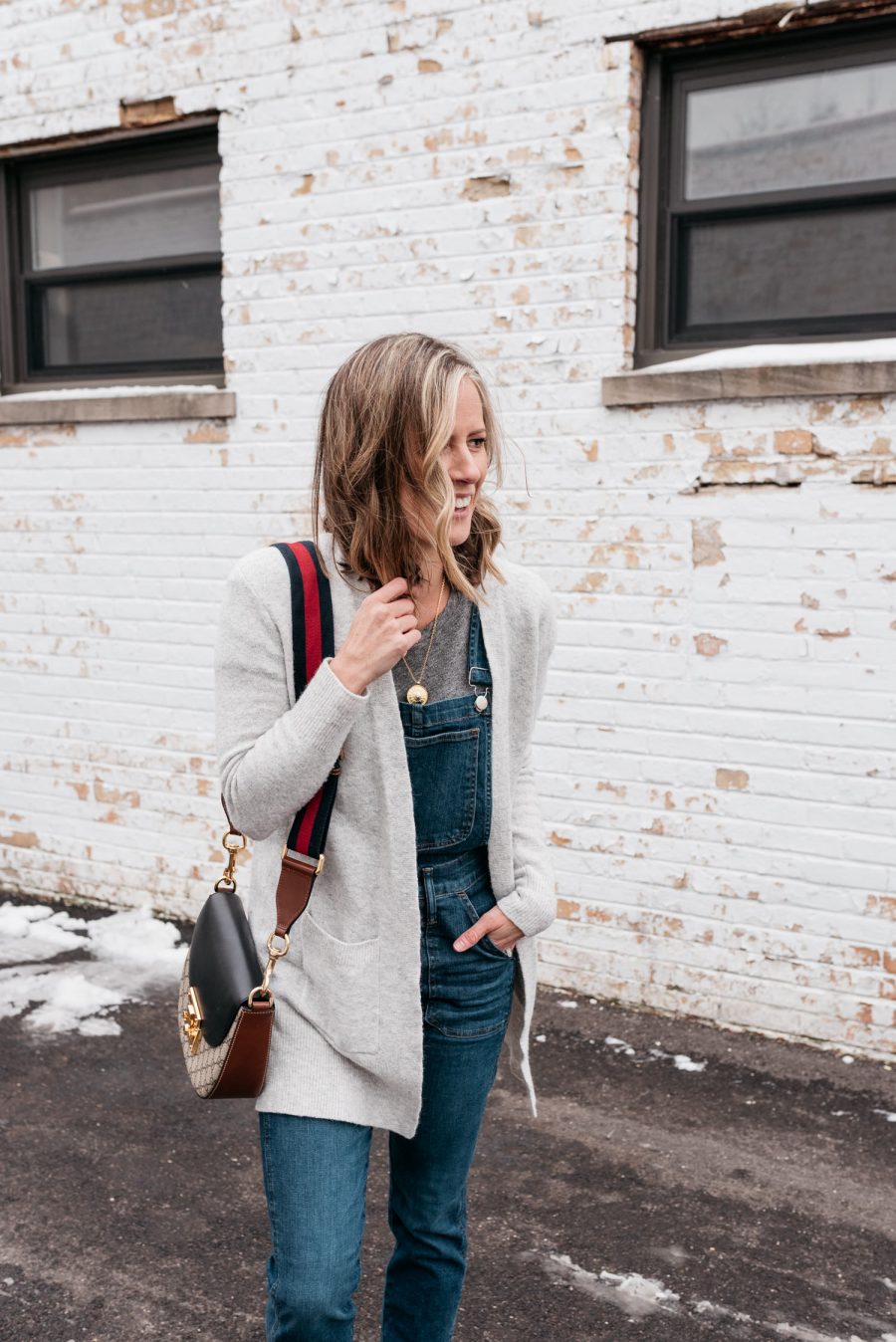 Overalls, cardigan, cross body bag