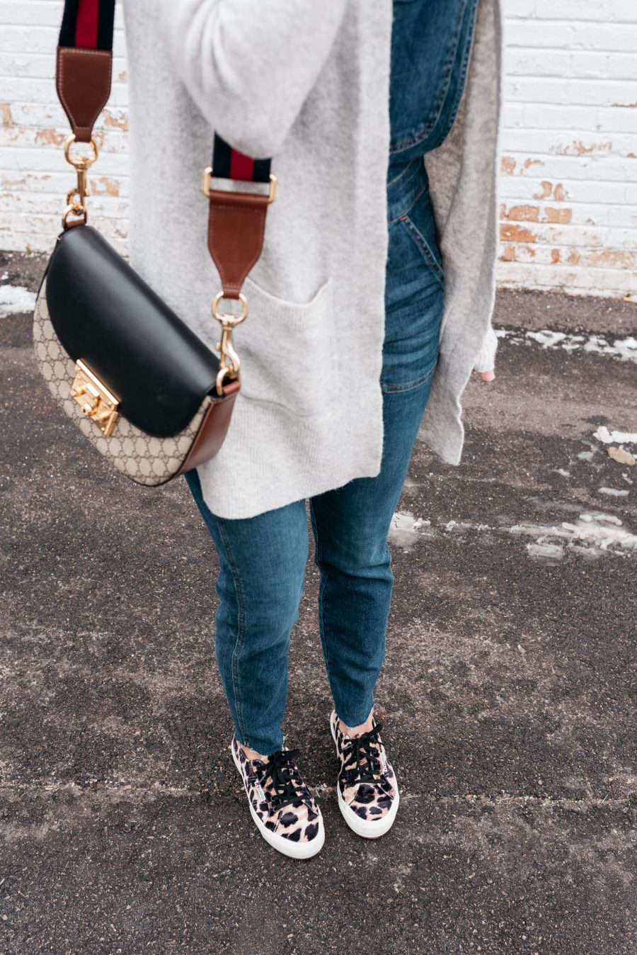 Overalls, cardigan, cross body bag, sneakers, and Palm coin necklace