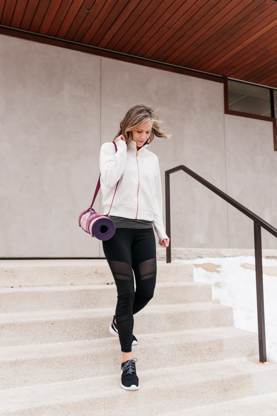Activewear: sneakers, zip up, leggings, and yoga mat