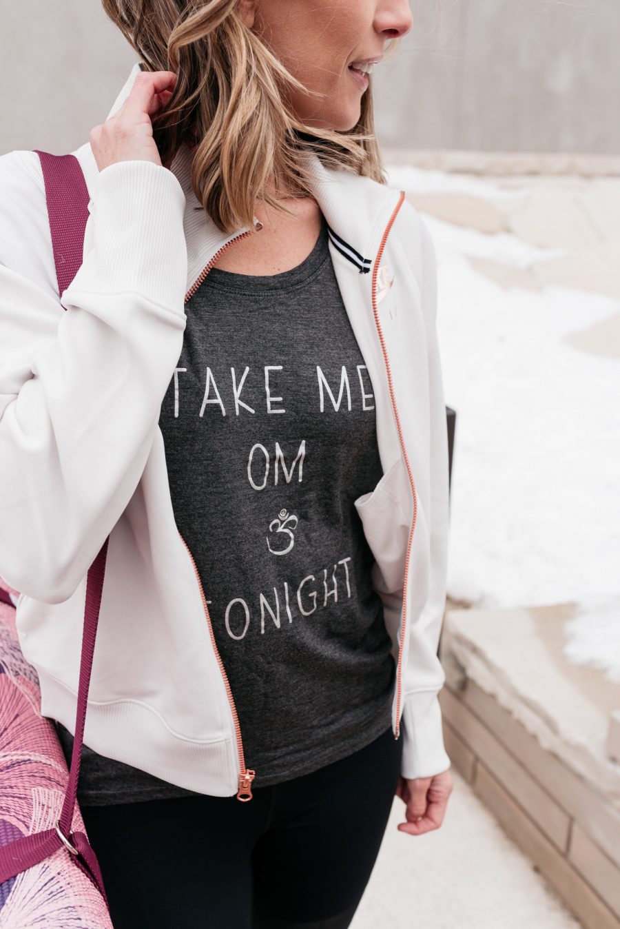 Activewear: sneakers, zip up, leggings, and yoga mat