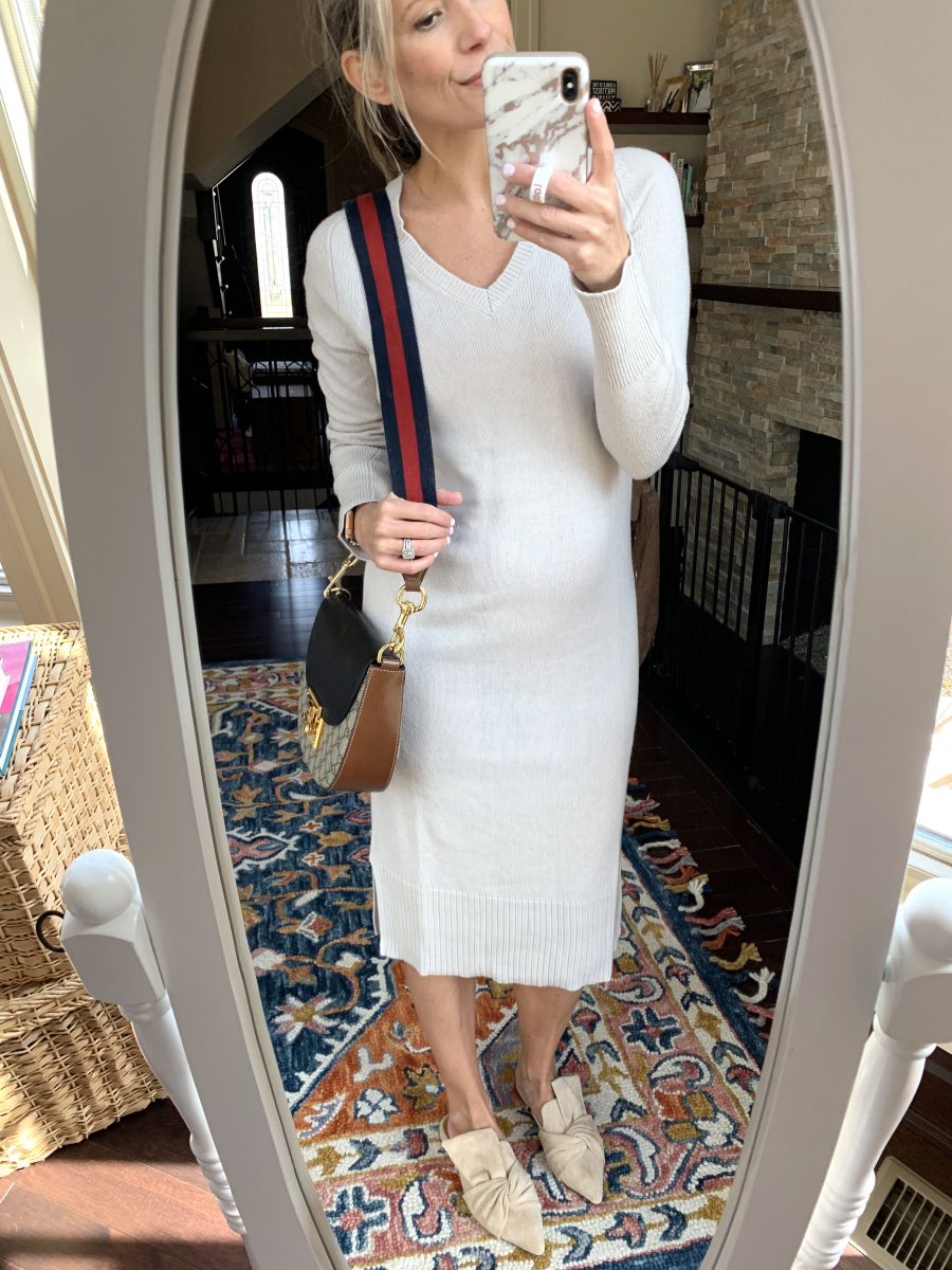 Sweater dress, cross body, and slides