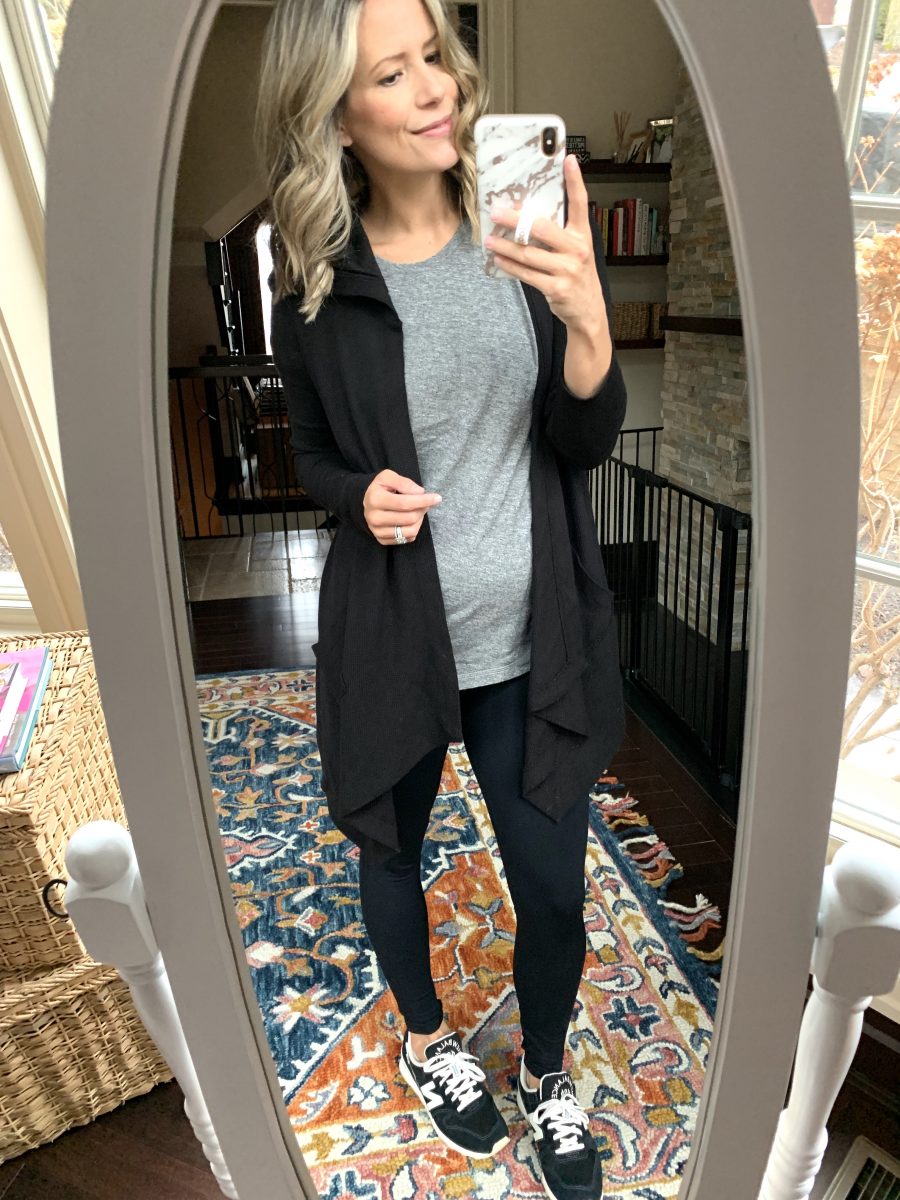 Grey tee, leggings, cardigan, and sneakers