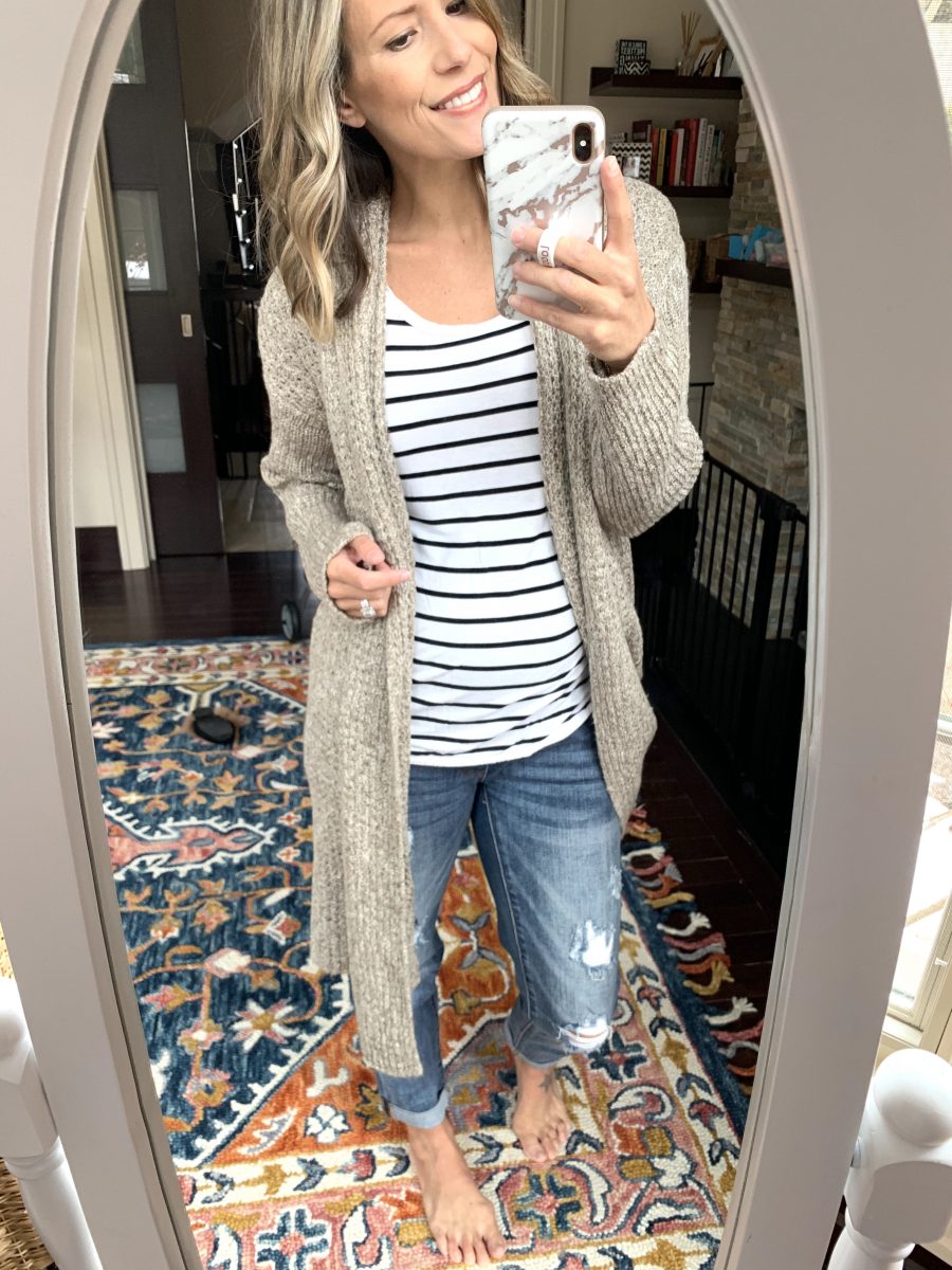Second trimester outfit ideas, striped tee, denim, and cardigan