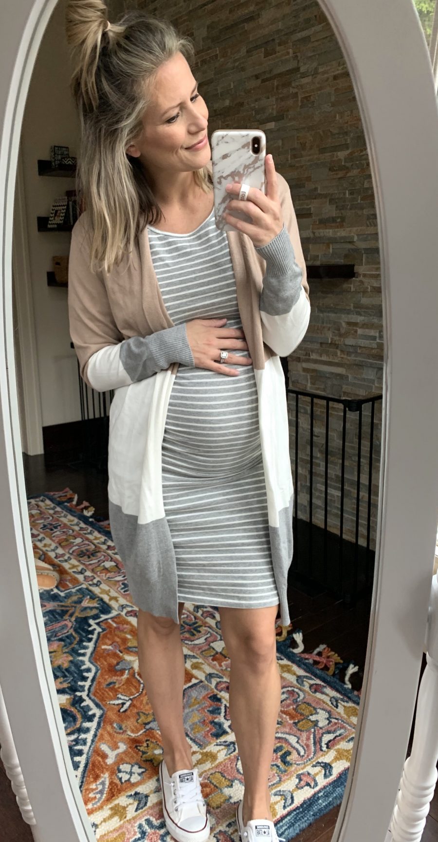 Striped maternity dress and color block cardigan