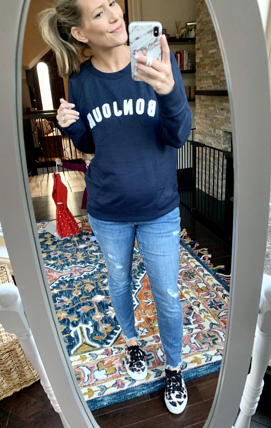 #ootd, Bonjour sweatshirt, maternity denim