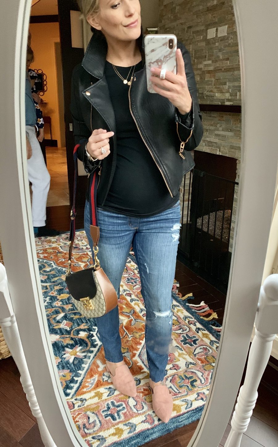 Girls' Night #ootd, moto jacket, denim, and slides