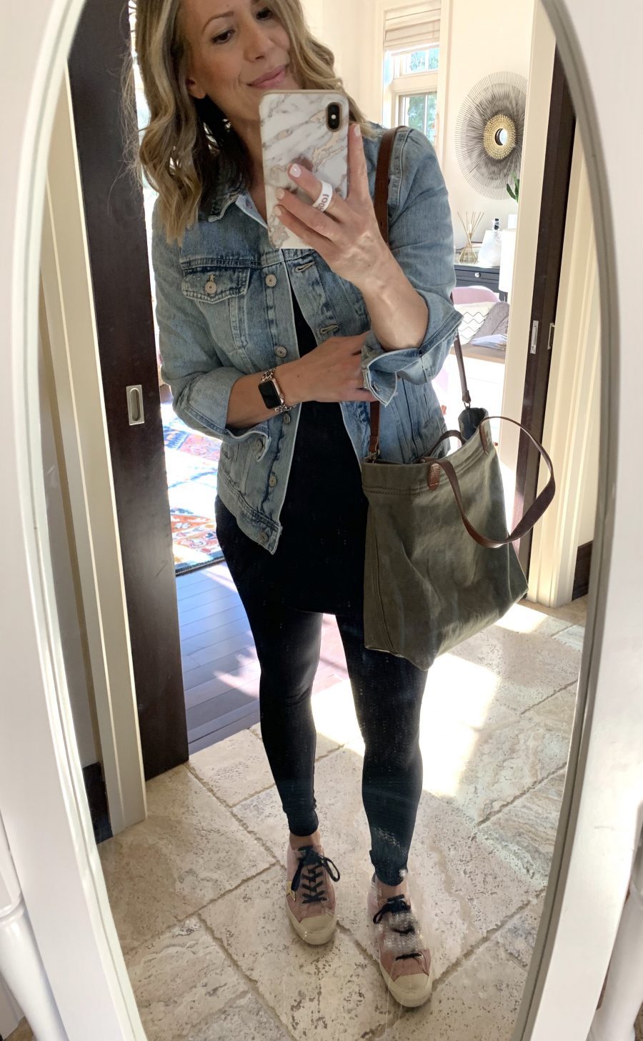 #ootd, distressed denim jacket, maternity tee, maternity leggings, and cross body tote