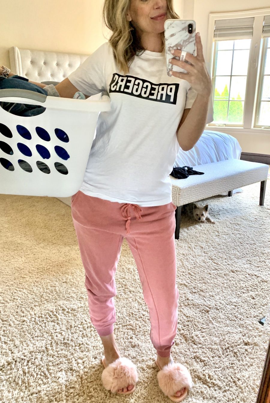 #ootd, Preggers tee, joggers, fuzzy slide slippers