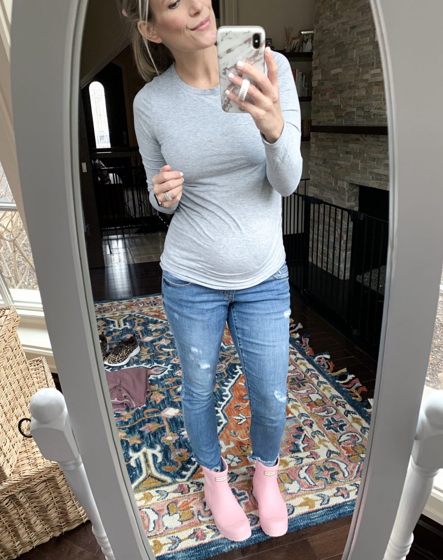Grey tee, denim, and rain boots