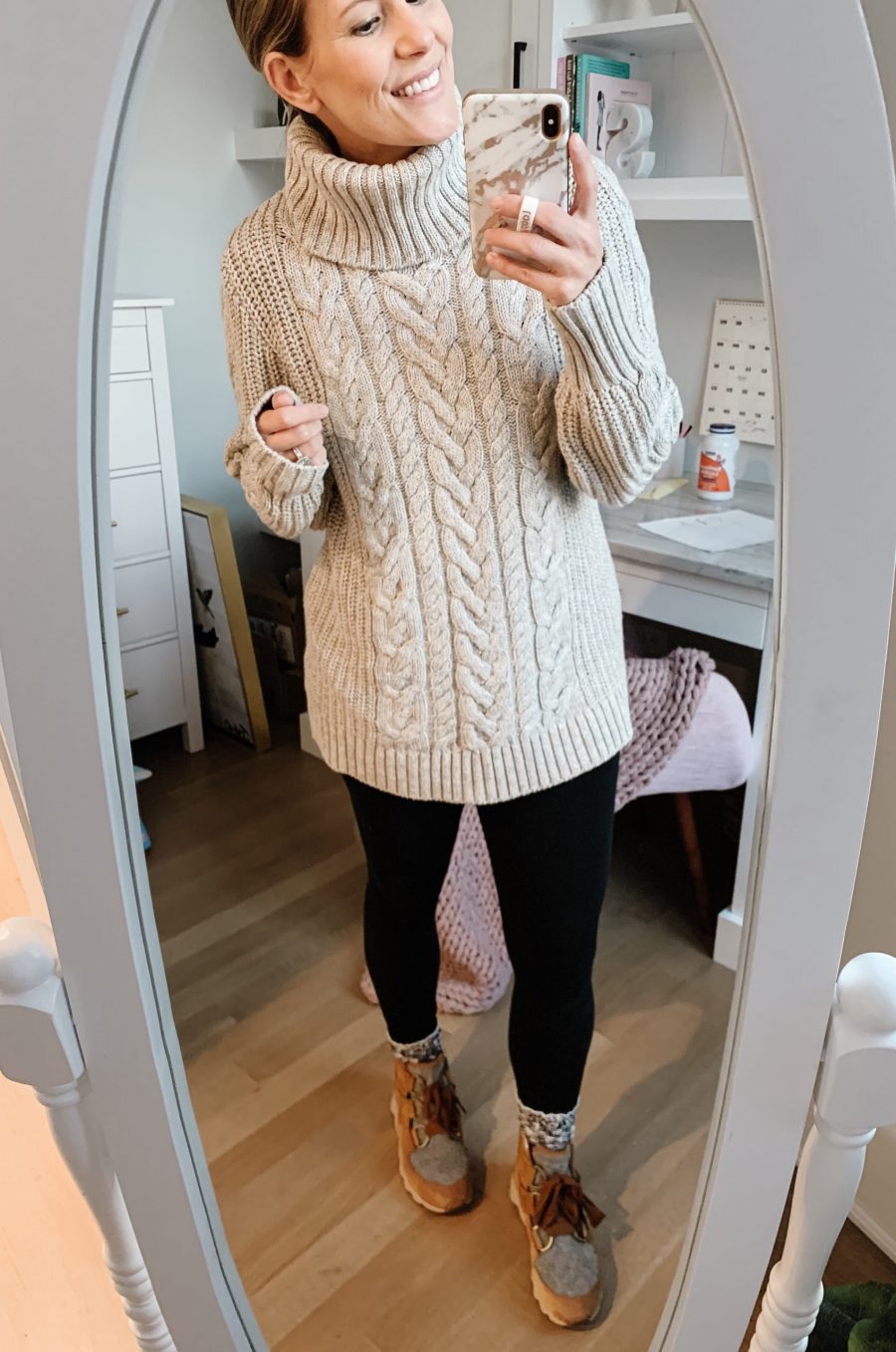 Fall outfits--cable knit sweater, leggings, and Sorel boots