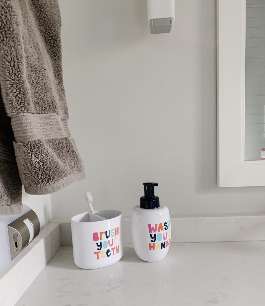 Kids bathroom, vanity and brushing teeth