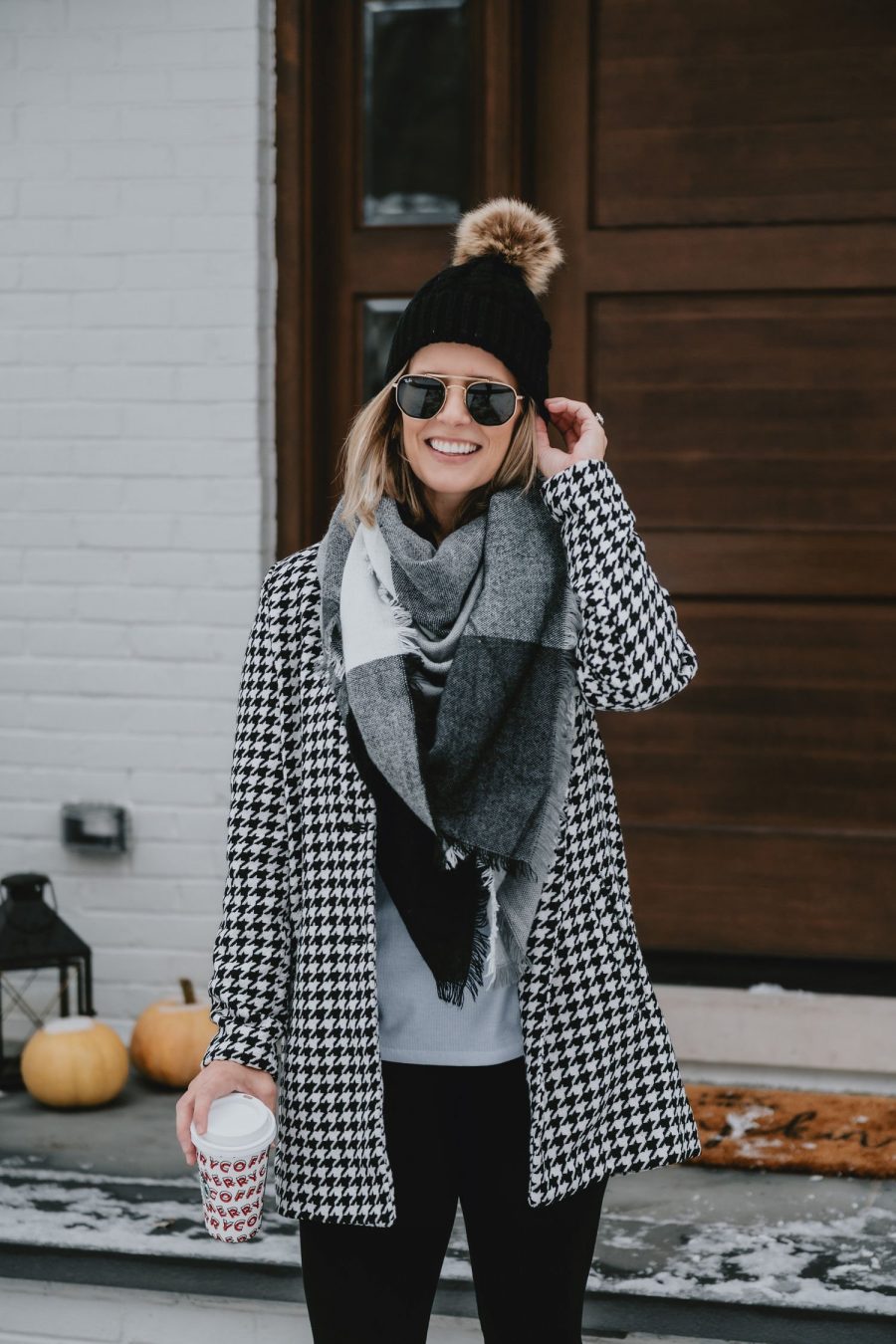 Winter outfit ideas--houndstooth coat, scarf, leggings, beanie, Ray Bans and booties. Early Black Friday sale