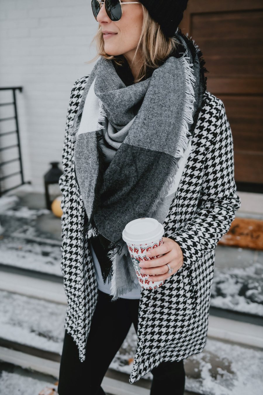 Winter outfit ideas--houndstooth coat, scarf, leggings, beanie, Ray Bans and booties. Early Black Friday sale